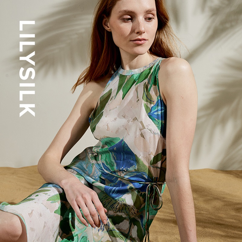 LILYSILK莉莉秀客25春夏露肩油画印花连衣裙度假风休闲