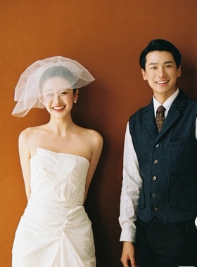 原创白色短款复古新娘领证登记求婚拍照婚纱头纱头饰
