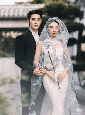 新款新娘蓝色高级感珠绣蕾丝头纱设计款森系影楼外景拍照道具