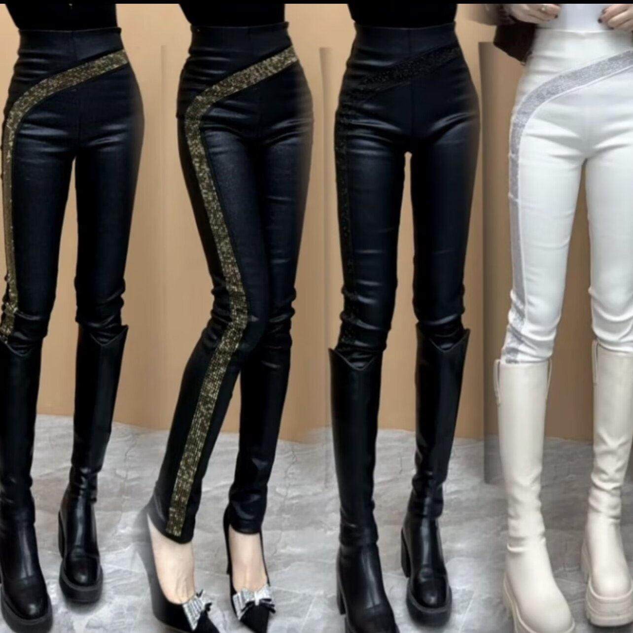 高腰烫钻拼接加绒皮裤女2025秋冬新款时尚设计感修身显瘦小脚裤潮,淘宝优惠券,粉丝福利购,淘宝优惠卷