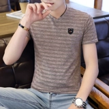 Шелковая трендовая летняя дышащая приятная телу футболка с коротким рукавом, V-образный вырез, высокий воротник, облегающий крой