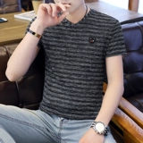 Шелковая трендовая летняя дышащая приятная телу футболка с коротким рукавом, V-образный вырез, высокий воротник, облегающий крой