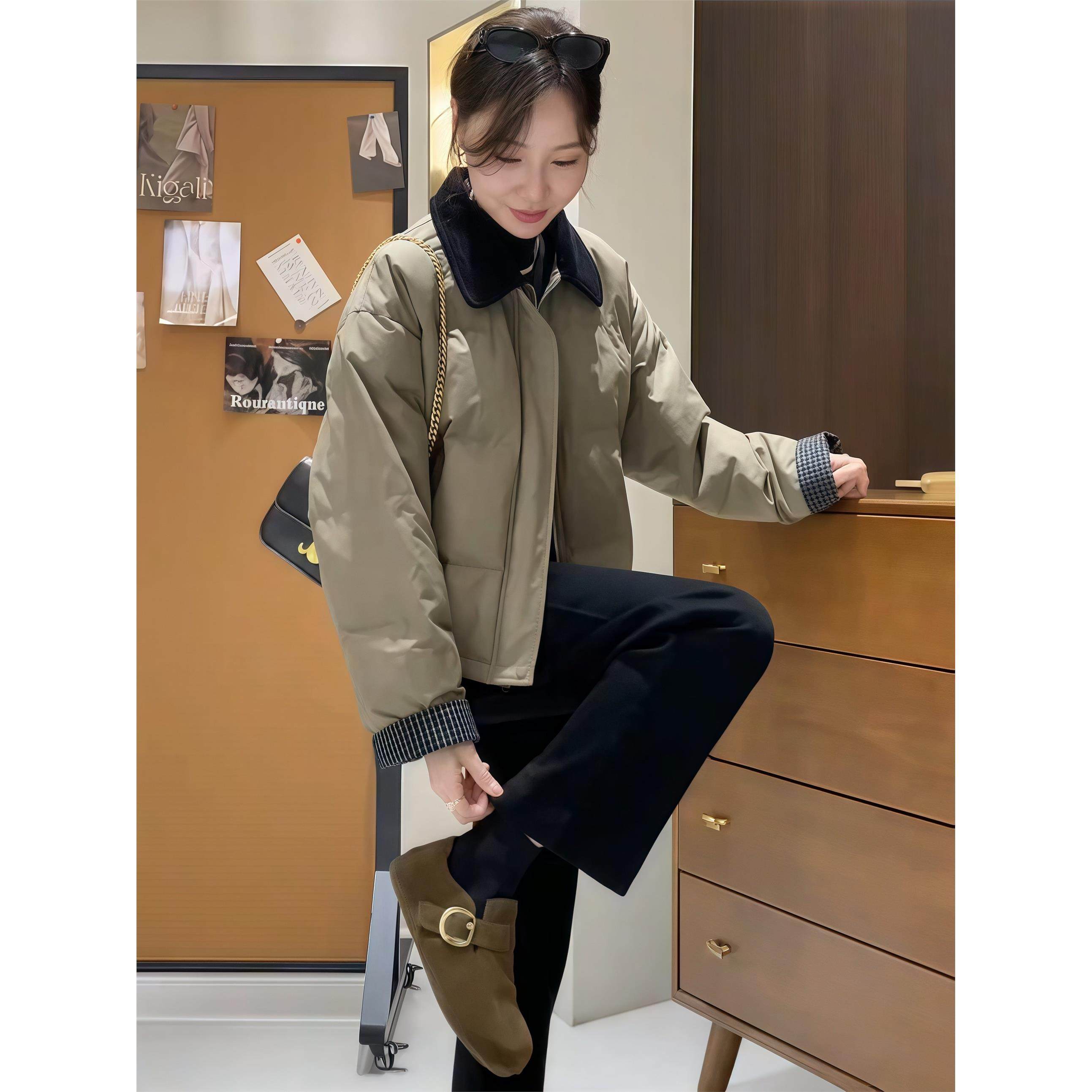 翻领拼色加厚夹棉面包服棉衣女2025冬新款韩版宽松POLO领棉服外套,淘宝优惠券,粉丝福利购,淘宝优惠卷