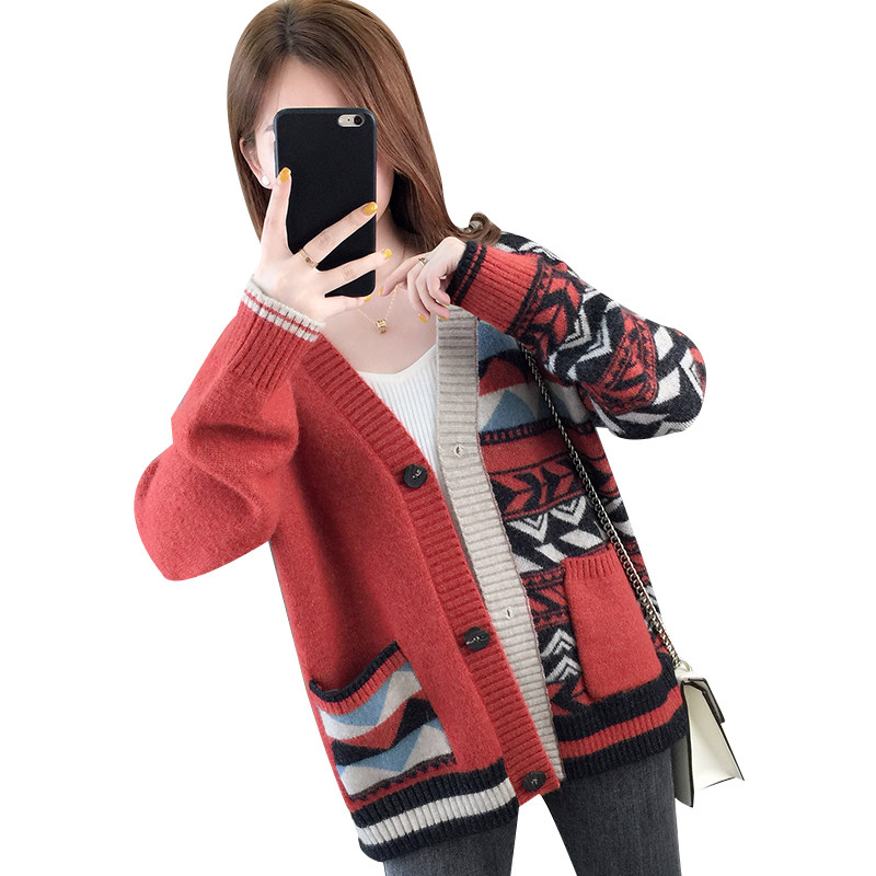 提花针织开衫2020年秋季新款毛衣 欧彩影毛针织衫