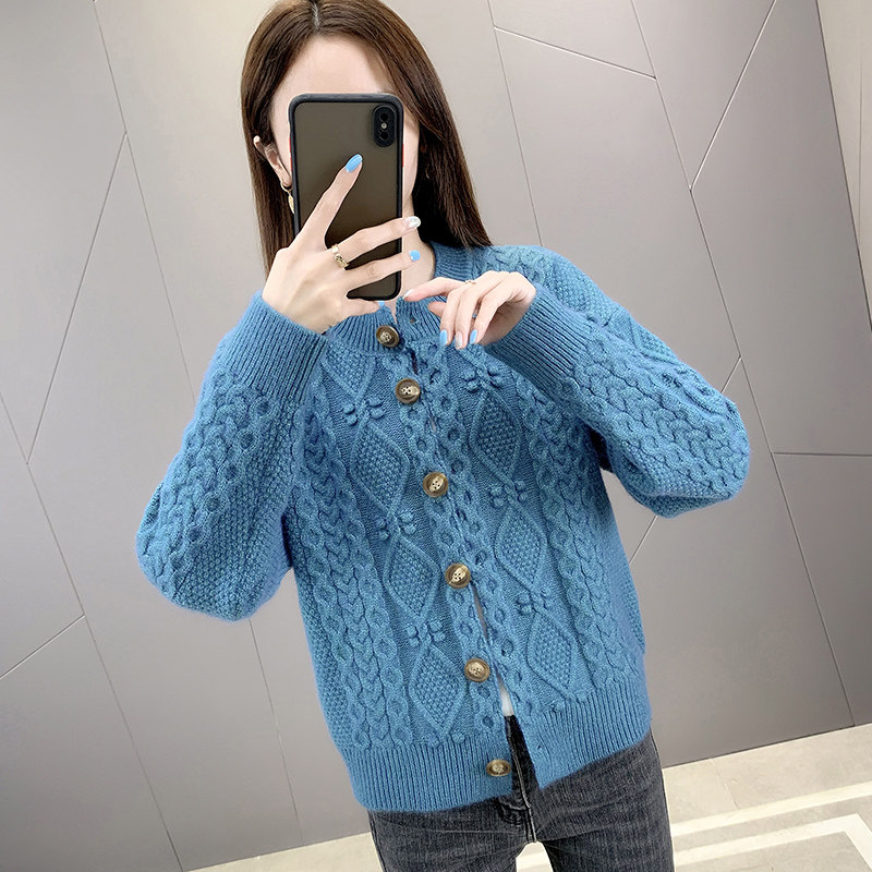 纯色麻花针织女开衫2020秋季潮毛衣 欧彩影毛针织衫
