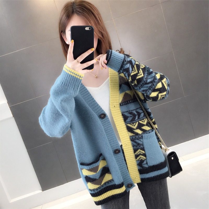 提花针织开衫2020年秋季新款毛衣 欧彩影毛针织衫