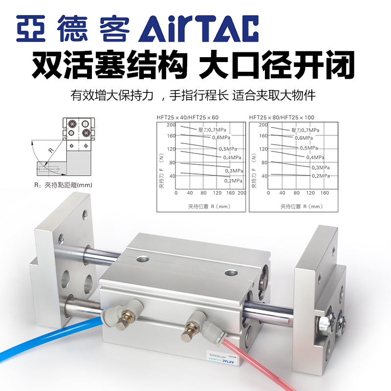 亚德客气动手指气缸HFT25X40/60/80/100-S大口径开口夹爪阔型气爪-图2