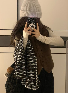 蘑糯糯同款条纹小香风毛线围巾女