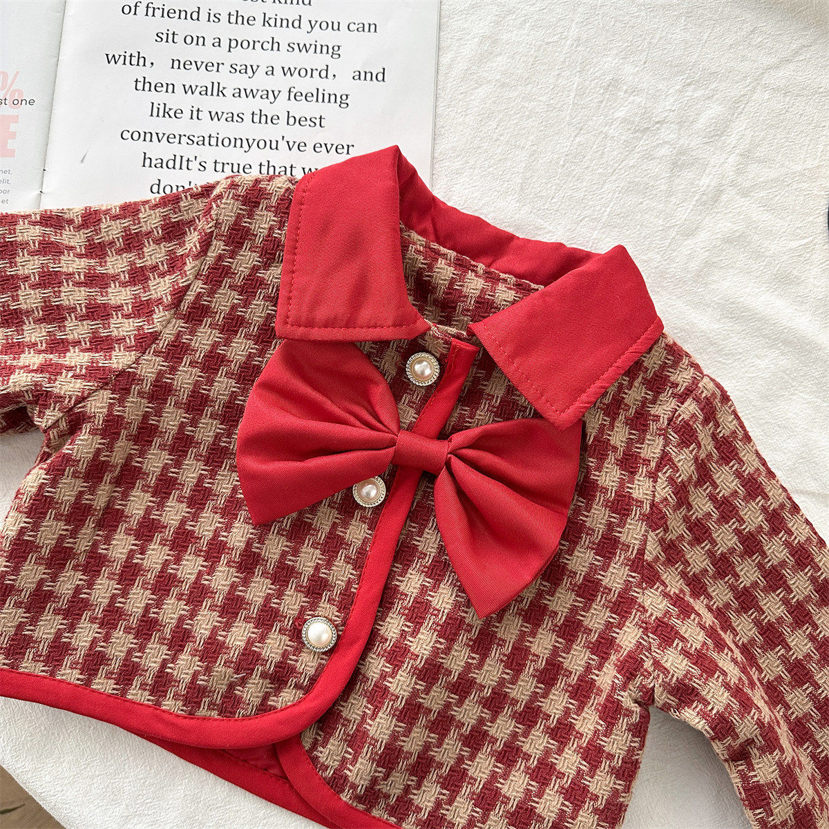 2024冬季新款韩版女童小香风红格蝴蝶结套装宝宝加棉两件套77355,淘宝优惠券,粉丝福利购,淘宝优惠卷