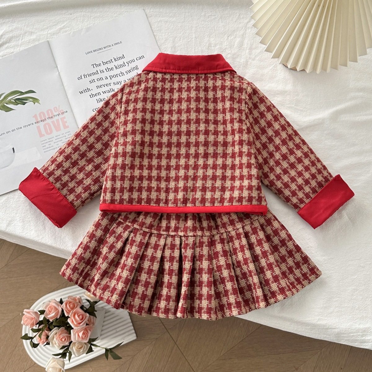 2024冬季新款韩版女童小香风红格蝴蝶结套装宝宝加棉两件套77355,淘宝优惠券,粉丝福利购,淘宝优惠卷