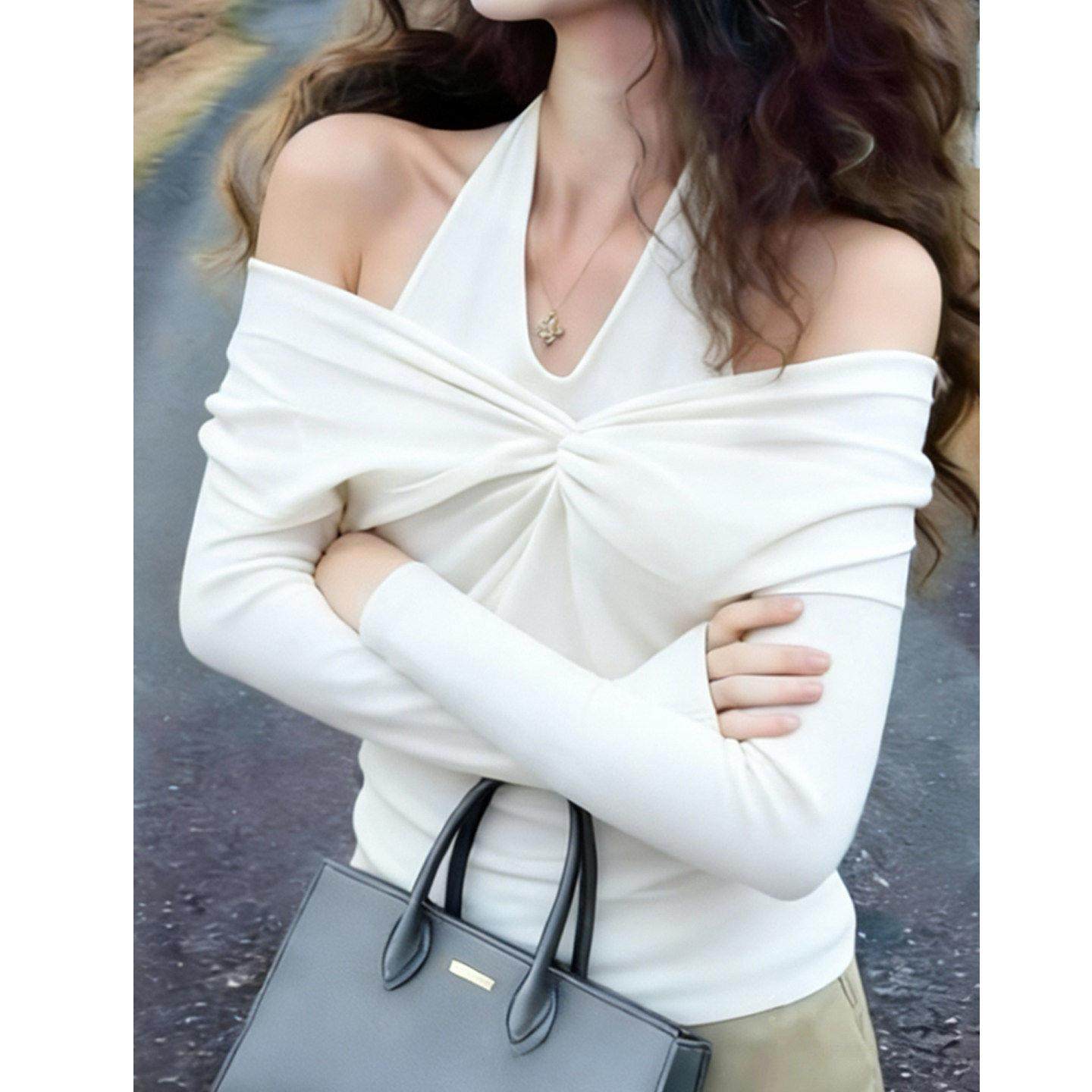 高级感绝美纯色挂脖露肩长袖假两件针织衫女秋冬款超好看显瘦上衣,淘宝优惠券,粉丝福利购,淘宝优惠卷