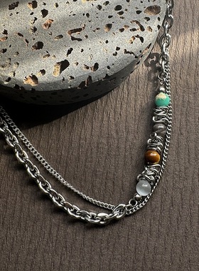 双层叠戴项链男款钛钢拼接串珠