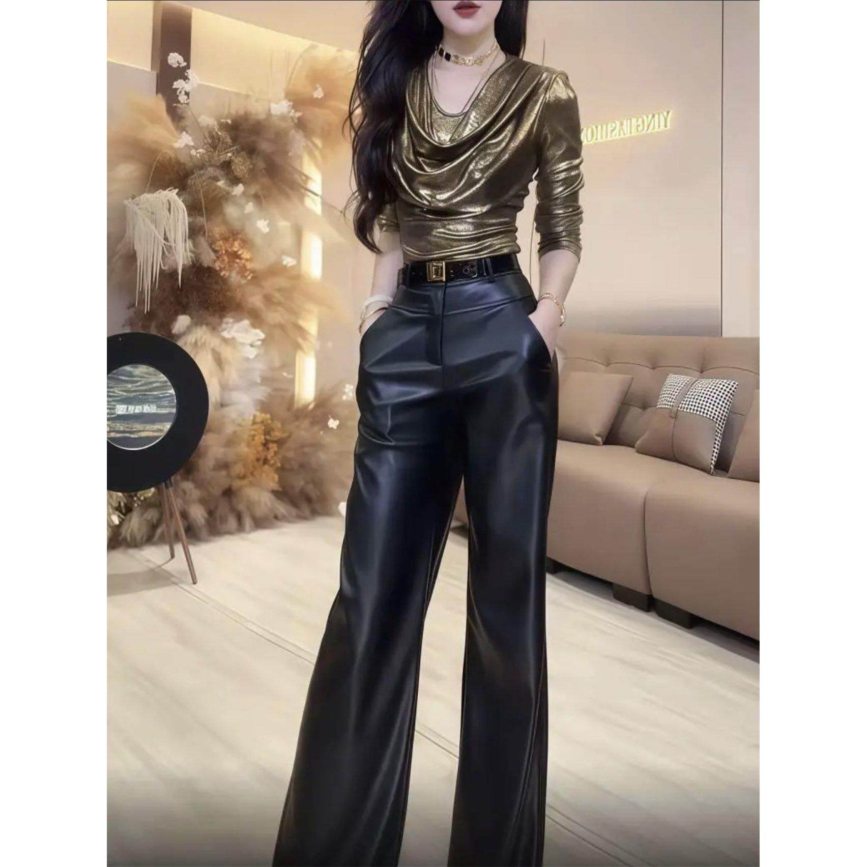 加绒皮裤阔腿裤女2025新款秋冬季黑色pu哑光高腰显瘦窄版直筒裤子,淘宝优惠券,粉丝福利购,淘宝优惠卷