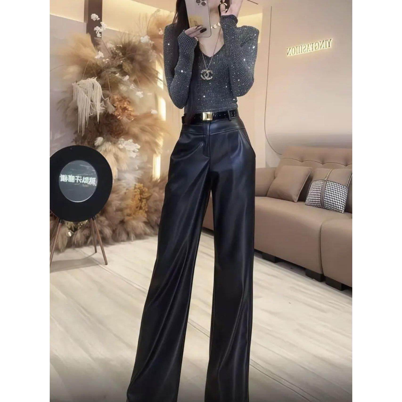 加绒皮裤阔腿裤女2025新款秋冬季黑色pu哑光高腰显瘦窄版直筒裤子,淘宝优惠券,粉丝福利购,淘宝优惠卷