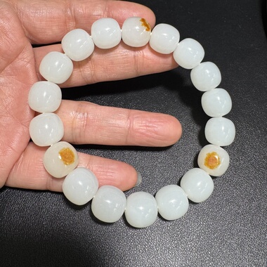 籽料手串老型珠新疆和田玉红皮白玉籽料直径12手链男女手串白细