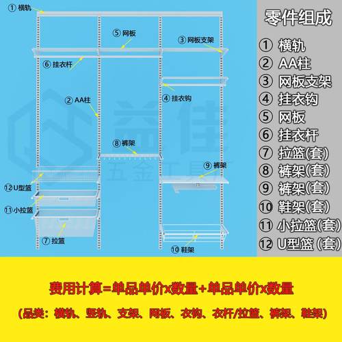 金属衣柜加固加厚横轨开放式砌墙衣帽间配件竖轨AA柱支架横梁衣架 - 图2