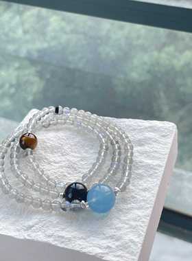 【高货】天然灰月光石海蓝宝虎眼石灰色彩色水晶男女情侣手串手链