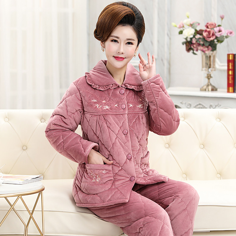 女士三层夹棉法兰绒中老年妈妈睡衣 冰概念睡衣/家居服套装