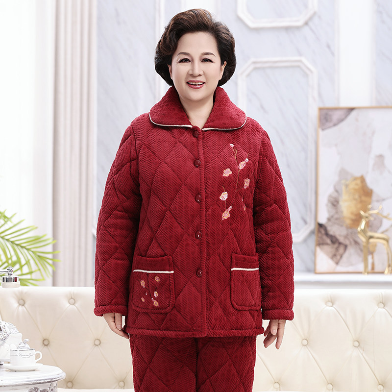 冬季老人睡衣女三层加绒中老年家居服妈妈保暖套装加厚珊瑚绒夹棉,淘宝优惠券,粉丝福利购,淘宝优惠卷