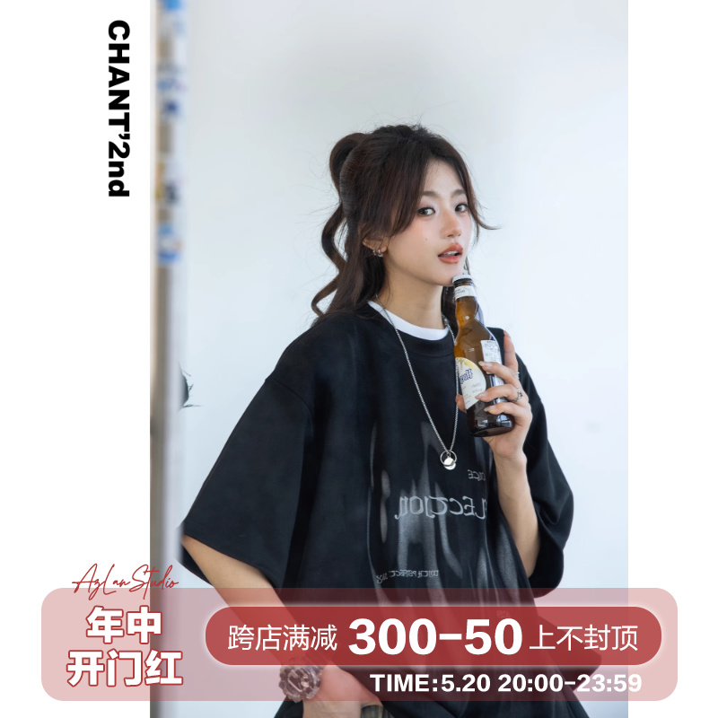 AzLan重磅260G麂皮绒短袖t恤女2024新款美式复古宽松别致印花半袖 - 图0