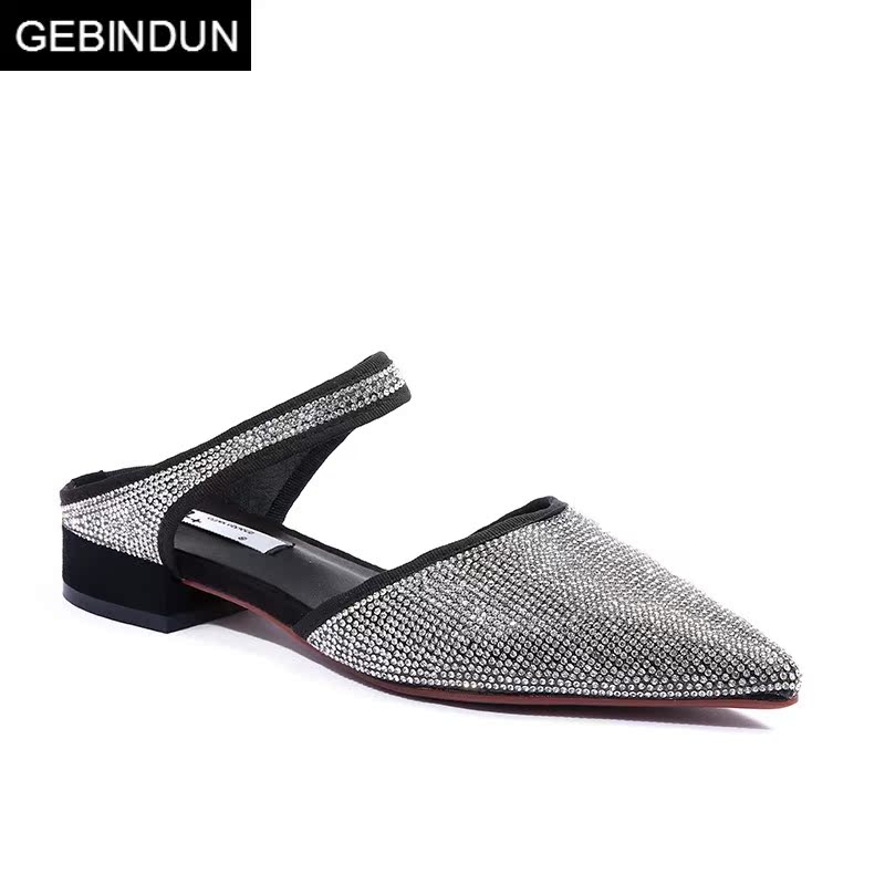哥宾杜旗舰店GEBINDU轻奢2018春季新品韩版bling水钻尖头低跟女鞋子浅口百搭套2