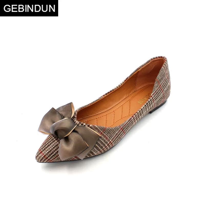 哥宾杜旗舰店GEBINDU轻奢欧美范女鞋平底尖头大码单鞋甜美蝴蝶结千鸟格拼色舒2