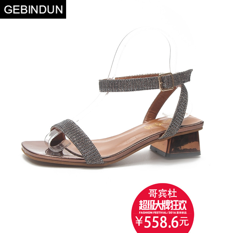 哥宾杜旗舰店GEBINDU轻奢粗跟凉鞋女2018夏季新款韩版bling罗马鞋chic复古2