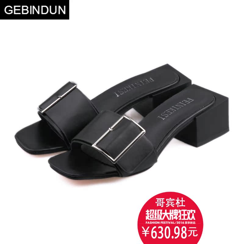 哥宾杜旗舰店GEBINDU拖鞋女夏2018新款百搭皮带方根扣一字拖外室中跟粗2