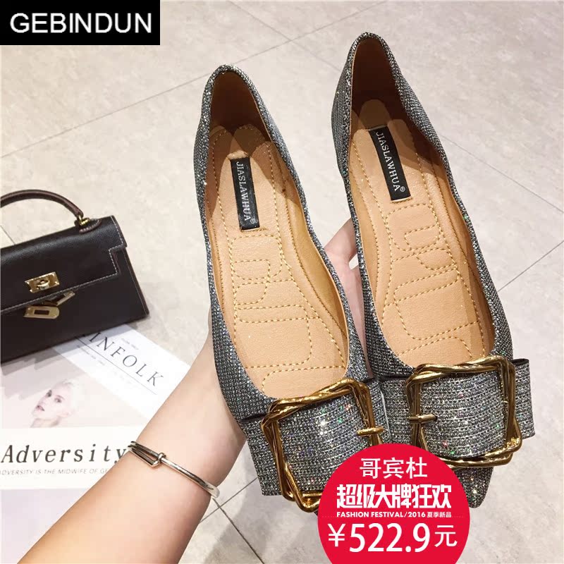 哥宾杜旗舰店GEBINDU轻奢BLING亮片单鞋女尖头鞋2018夏季新款金属扣浅口套脚平0