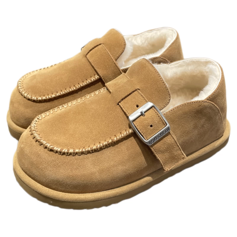 乐魔欧洲站2025冬款真皮女鞋时尚保暖羊毛磨砂皮圆头平底勃肯鞋,淘宝优惠券,粉丝福利购,淘宝优惠卷