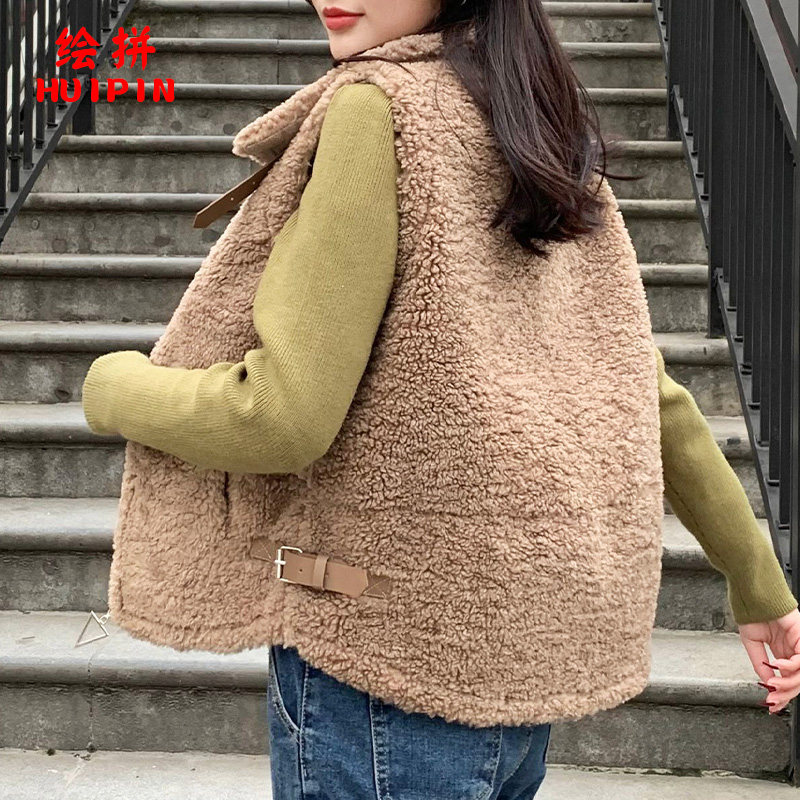 羊羔毛短款2020秋冬新款韩版马甲 绘拼马夹