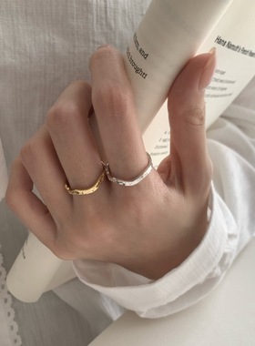 925纯银碎碎冰戒指女小众设计时尚波浪开口手环简约高级气质手饰