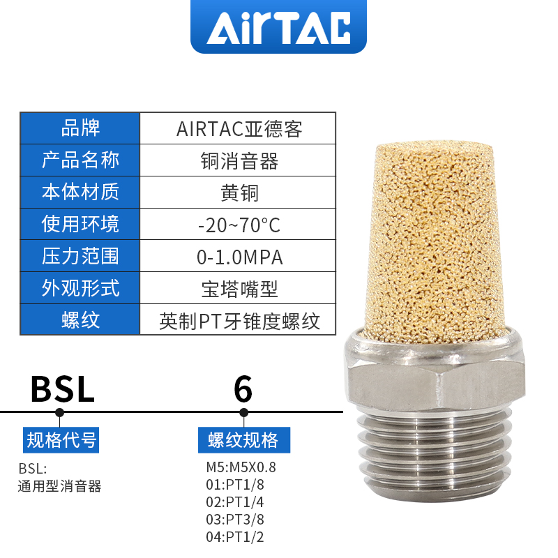 亚德客气动电磁阀铜消声器平头节流消音器BESL/BSL M5-01-02-03-4 - 图1