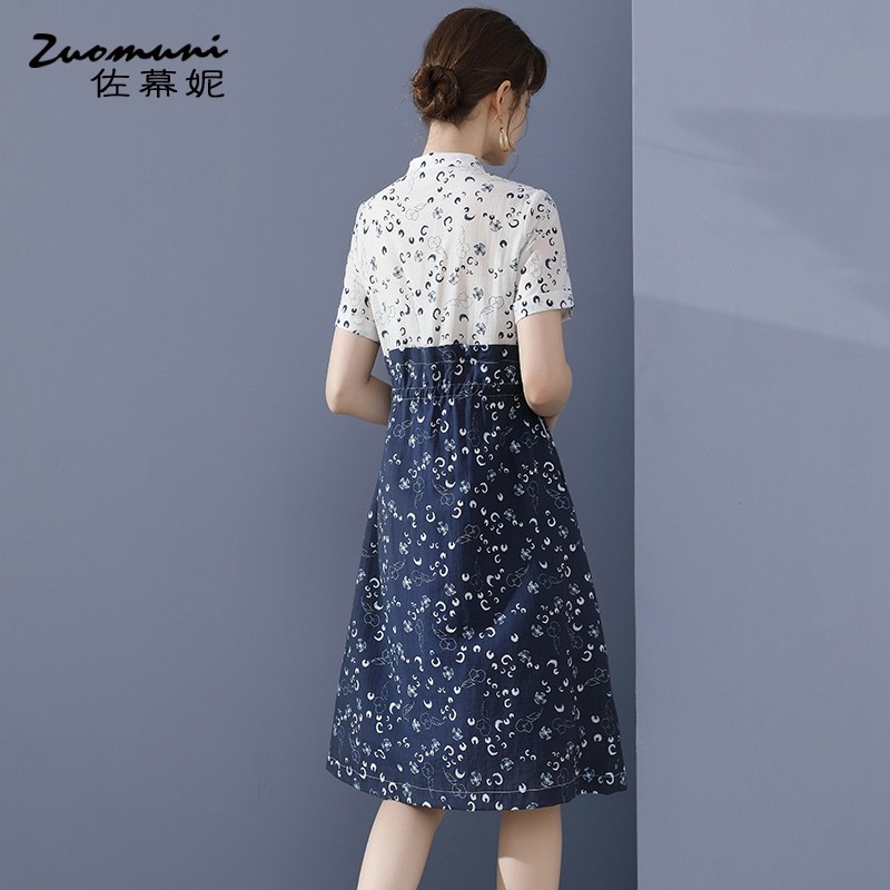 佐幕妮蓝色印花收腰衬衣裙女2020 佐幕妮连衣裙