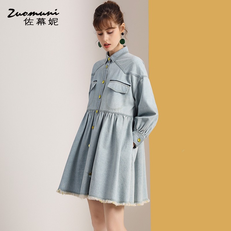 佐幕妮蓝色宽松polo连衣裙女衬衫 佐幕妮连衣裙
