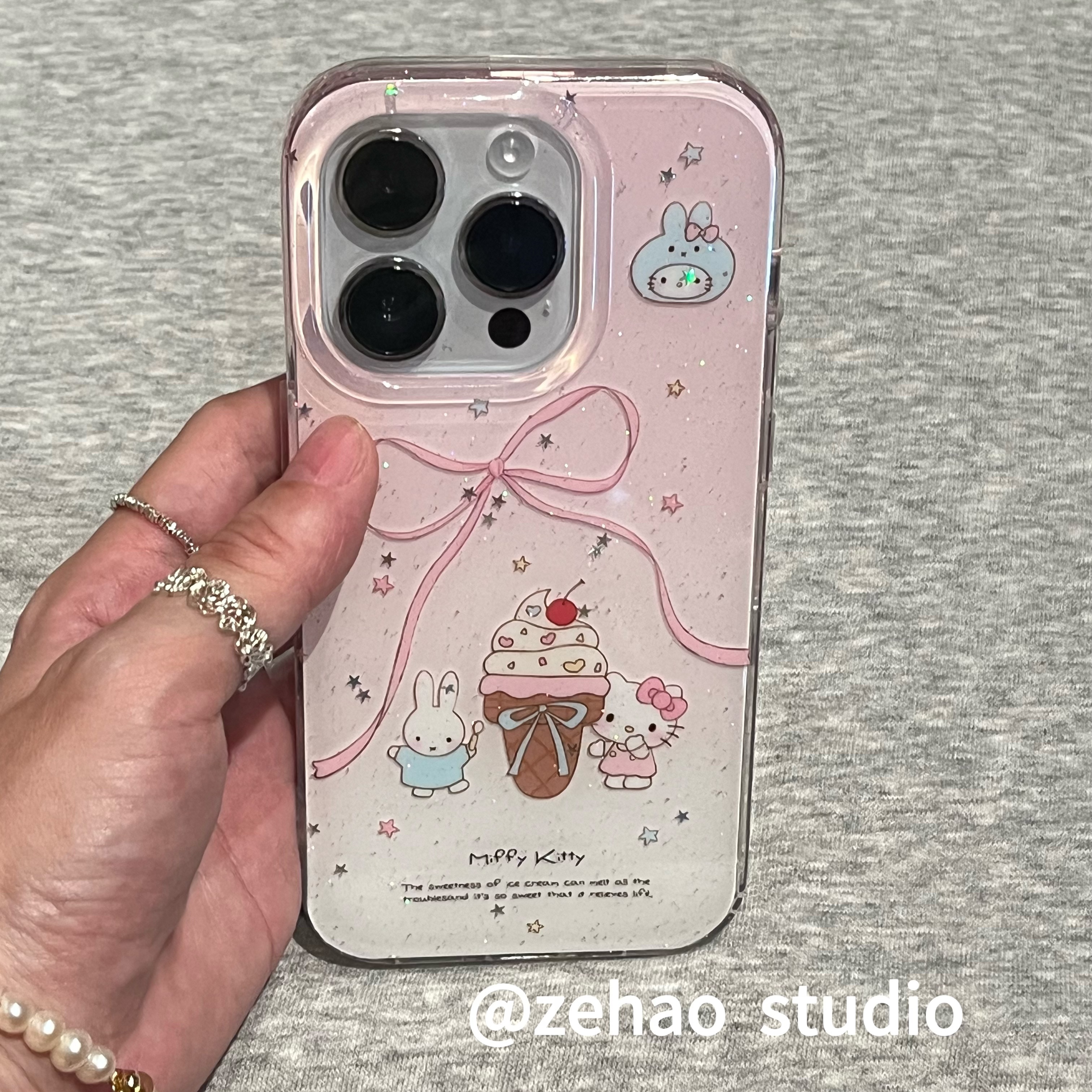 ZEHAO*ins可爱粉米菲甜筒kt双层印花韩系14适用iphone16promax苹果16pro手机壳苹果16/13软15Promax保护套1女 - 图1