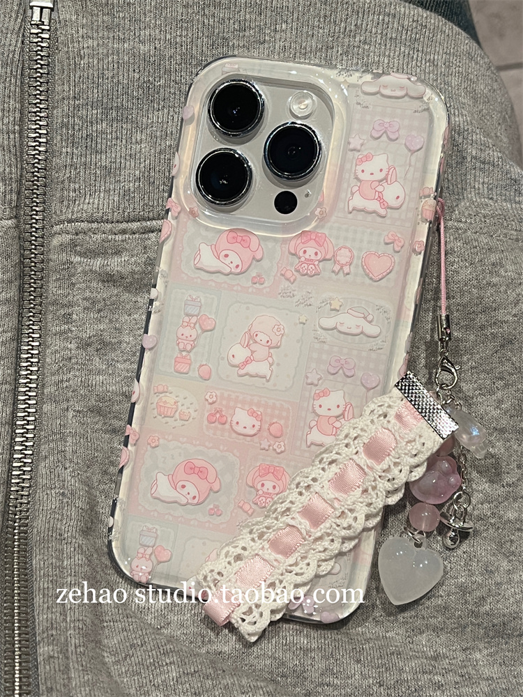 ins少女梦清透感kitty猫双层印花手机壳适用iphone15promax全包苹果14/13/12新款14ProMax软壳12防摔11保护套-图0