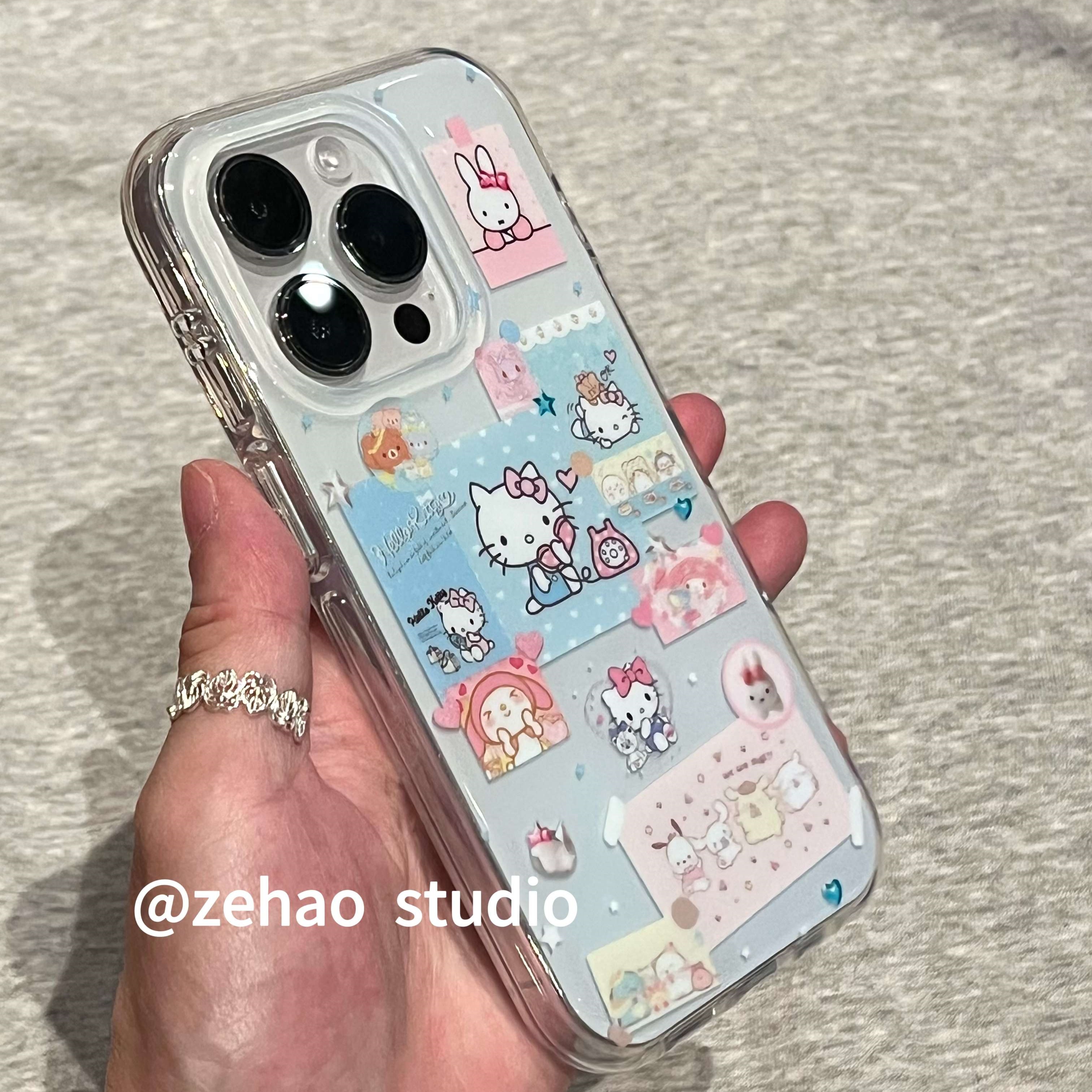 ZEHAO*奶蓝底打电话的kitty双层印花韩系14适用iphone16promax苹果16pro手机壳苹果16/13软15Promax保护套1女 - 图1