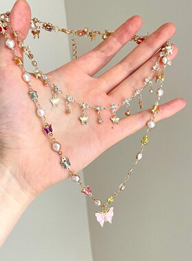 彩色锆石蝴蝶流苏项链女甜酷风y2k小众设计多层叠戴锁骨链高级感