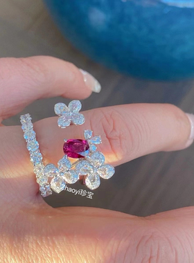 18k金天然红宝石钻石花花戒指