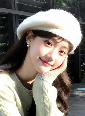 马海毛针织毛线白色贝雷帽女2026新款秋冬毛绒帽大头围显脸小帽子