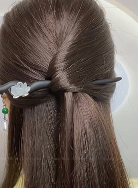 双面莲花黑檀木发簪女新中式古风绝美日常通勤盘发簪子高级感发钗