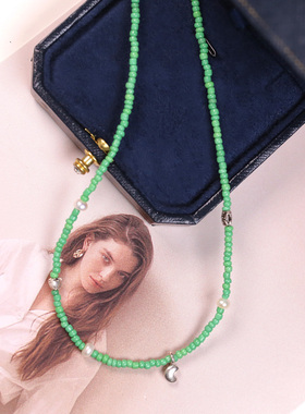 周雨彤同款绿色串珠可爱气质项链