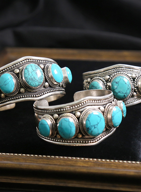 包邮尼泊尔手工民族风夸张个性宽版开口手镯镶嵌绿松石男女首饰品