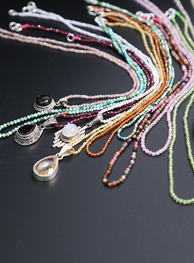 人手1条纯银搭扣碧玺小珠珠链吊坠水晶石榴石月光石项链锁骨链diy