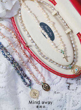 原创设计天然淡水珍珠锁骨链 个性小众十字架恶魔之眼毛衣链项链