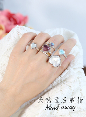 925银女戒指礼物纯银复古海纹石