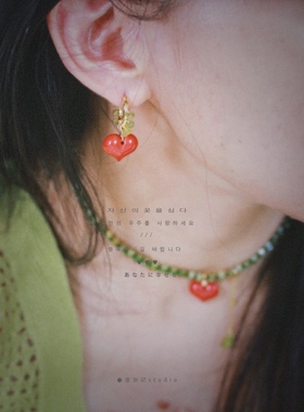 中古绿色编织choker朱砂爱心