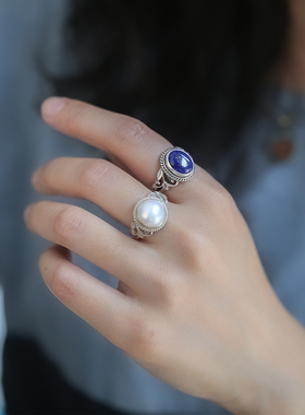 漫游记天然宝石珍珠绿松复古戒指