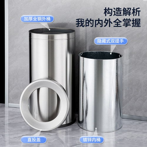 不锈钢垃圾桶包邮酒店大堂立式翻盖圆形座地果皮桶大号港式带内桶 - 图2